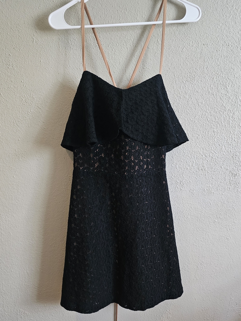 Custom Made Black Lace Mini Dress W/Nude Lining & Straps Size US M